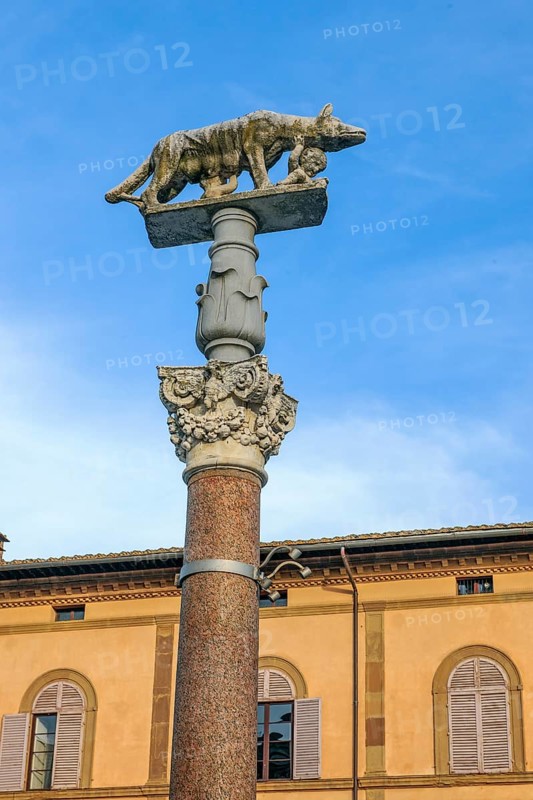 Column with Corinthian column capital on forecourt of Siena Cathedral with Capitoline she-wolf suckling brothers Romus and Remulus