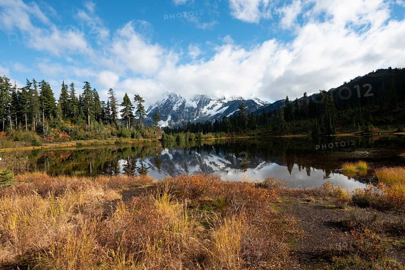 Mt. Shuksan glacier with snow reflecting in Picture Lake