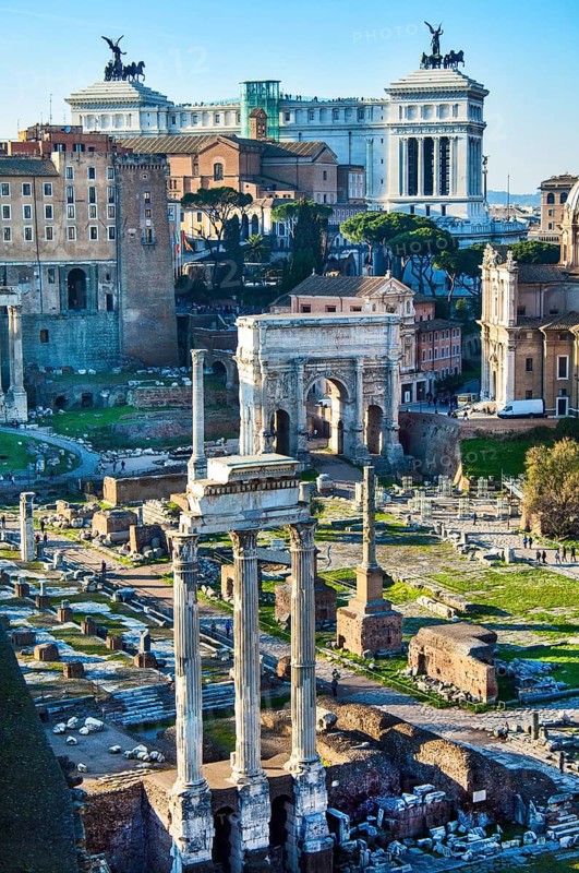 Bird's eye view of columns of Temple of Dioscuri Castor and Pollux in front