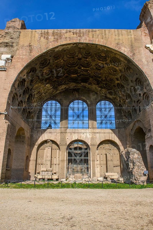 View of brick coffered ceiling in ruins of remaining side aisle of ancient Maxentius Basilica Constantine Basilica