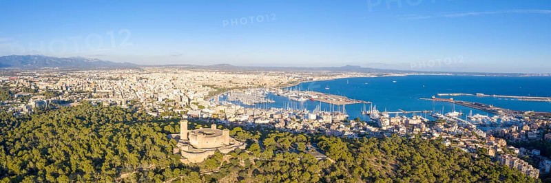 Castell de Bellver castle with harbour holiday travel aerial panorama in Palma de Majorca