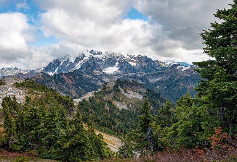 View from Table Mountain of Mt. Shuksan with snow and glacier