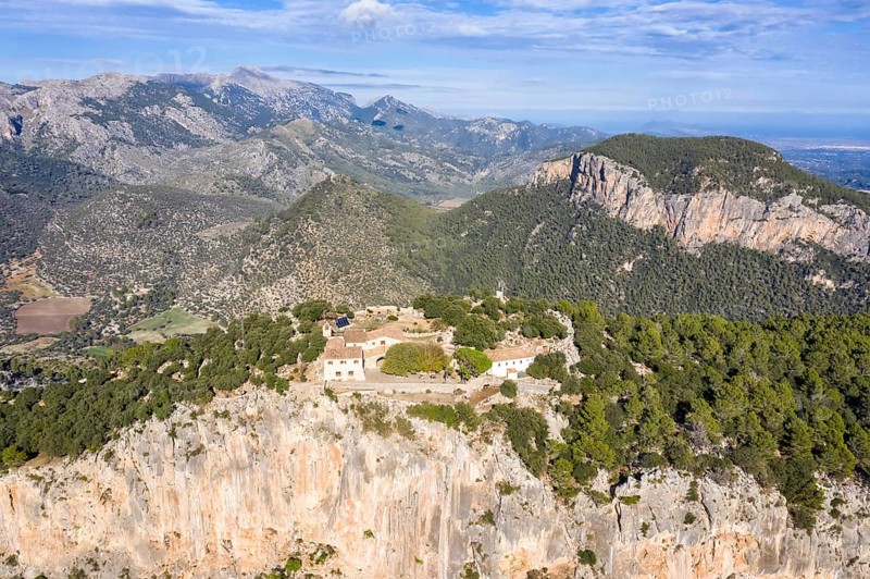 Ruin of the castle Castell Alaro in Majorca landscape mountains mountain holiday travel aerial photo in Alaro