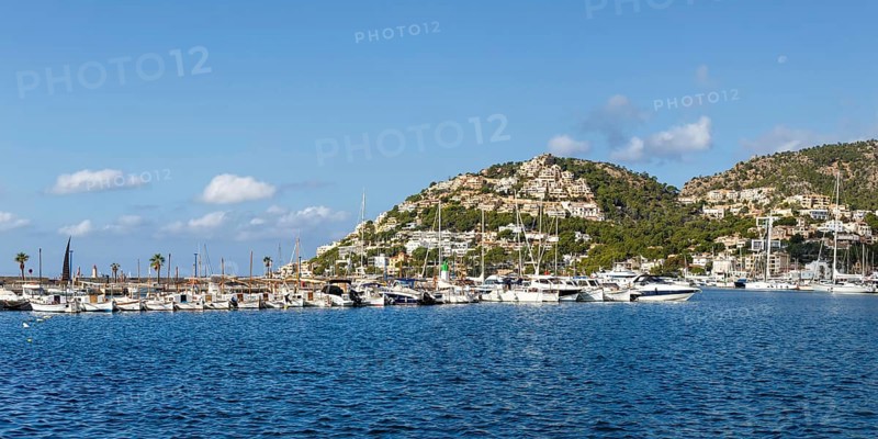 Marina harbour with boats holiday travel town on Majorca panorama