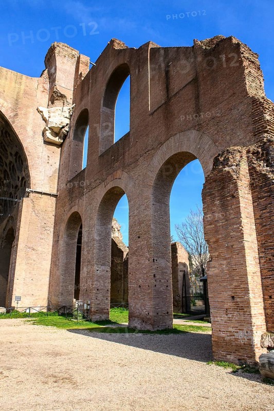 Ruin of east portal entrance of ancient former Maxentius Basilica Constantine Basilica made of brick masonry bricks