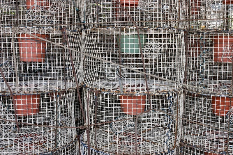Stacked fish traps with cork buoys