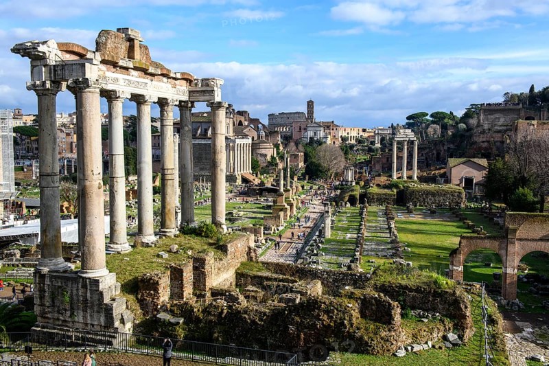 View of ruins with columns and remains of foundations of Temple of Saturn