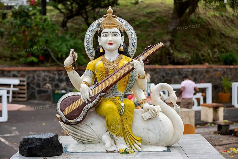 Statue of Goddess Saraswati at the sacred lake of Ganga Talao in the south of the island of Mauritius