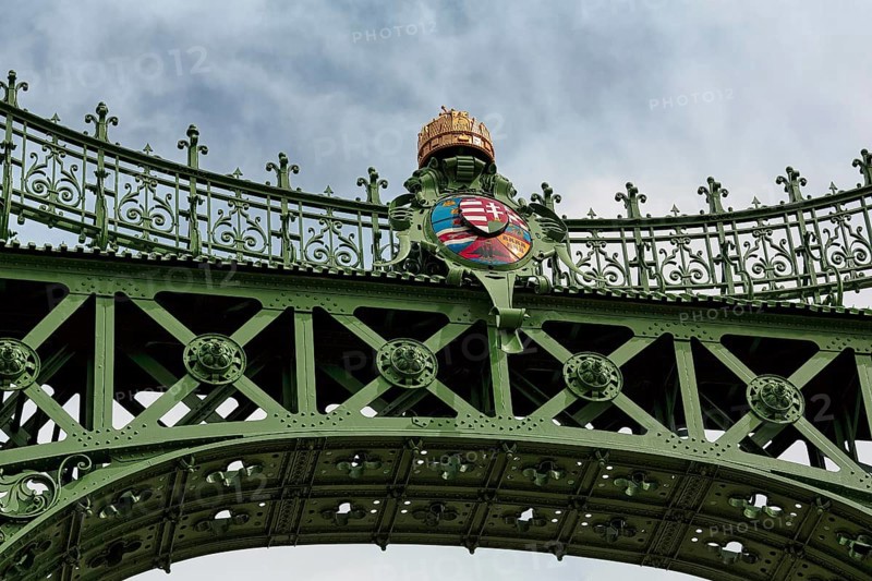 Ornate bridge gate with coat of arms and St. Stephen's crown