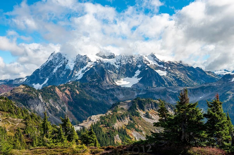 View from Table Mountain of Mt. Shuksan with snow and glacier