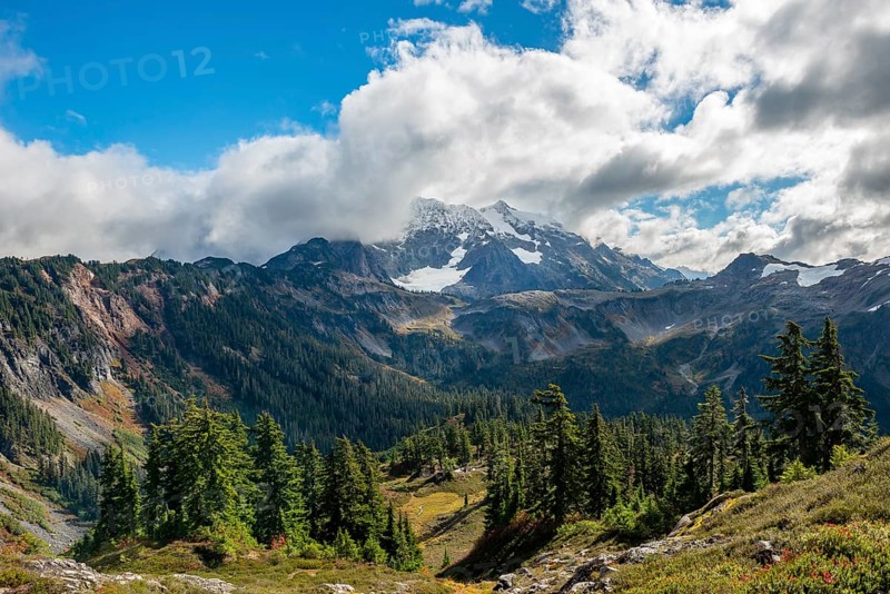 View from Table Mountain of Mt. Shuksan with snow and glacier