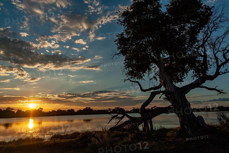 Sunset at a lake in the Kwando area of the Okavango Delta