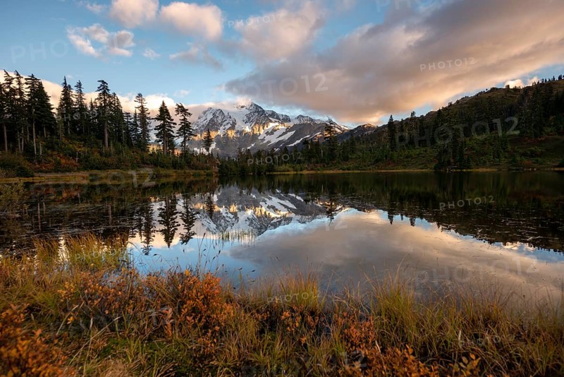 Mt. Shuksan glacier with snow reflecting in Picture Lake
