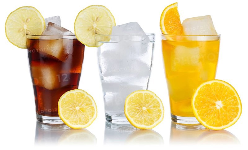 Drinks Lemonade Cola Soft drinks in a glass in a row with lemon
