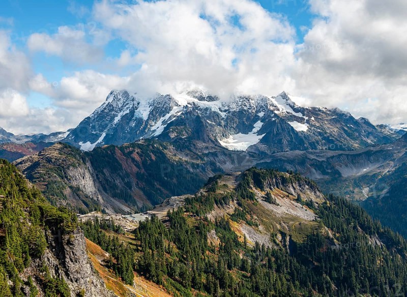 View from Table Mountain of Mt. Shuksan with snow and glacier