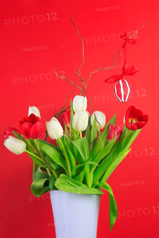 Bouquet of tulips with Easter egg