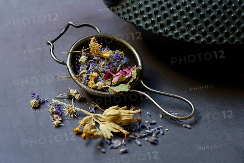 Tea blend in tea strainer