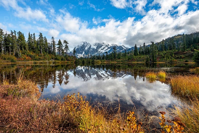 Mt. Shuksan glacier with snow reflecting in Picture Lake