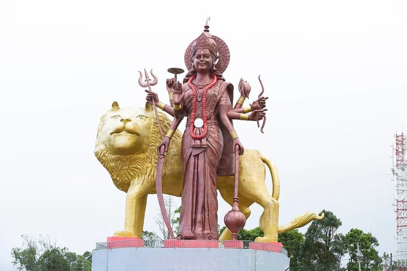 Statue of Goddess Mahalaxmi at the sacred lake of Ganga Talao in the south of the island of Mauritius