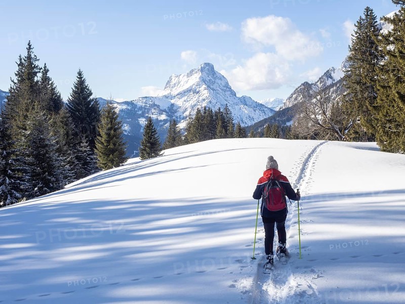 Snowshoe hiker in winter landscape