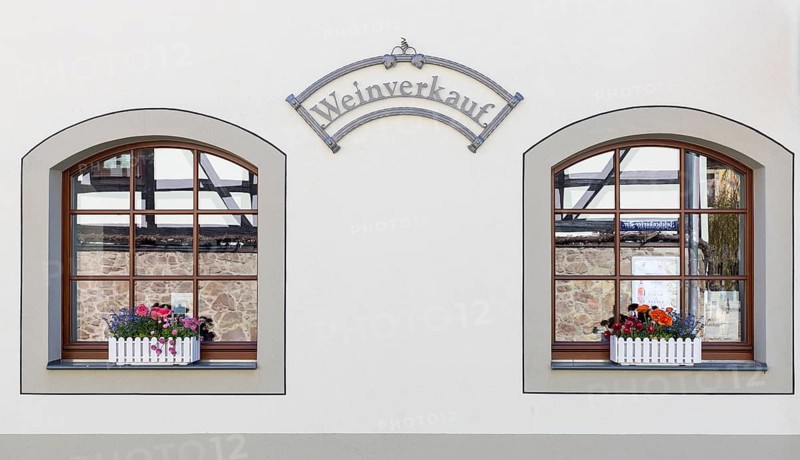 Wine sales sign and two windows with flower boxes