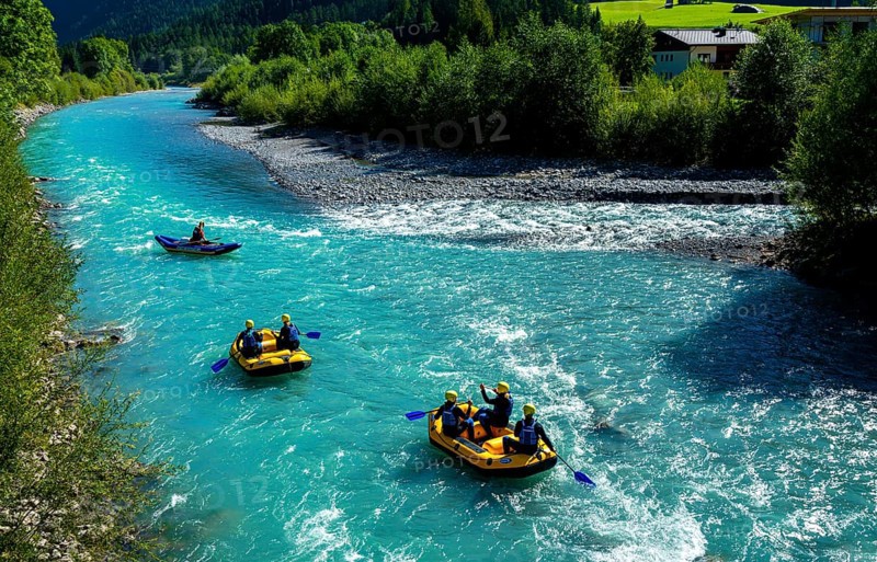 Water sportsmen rafting on the Lech in Austria