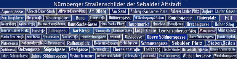 All street signs of the Sebald Old Town