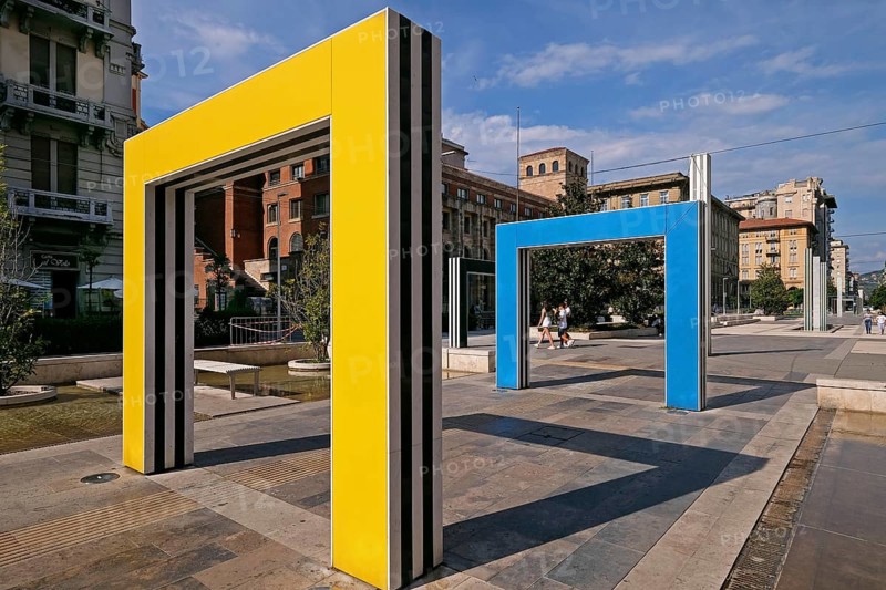 Sculpture arches by the French artist Daniel Buren on the Piazza Giuseppe Verdi in La Spezia
