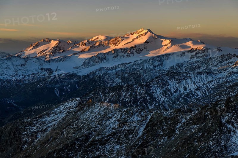 Snowy summit of Monte Cevedale in the morning light