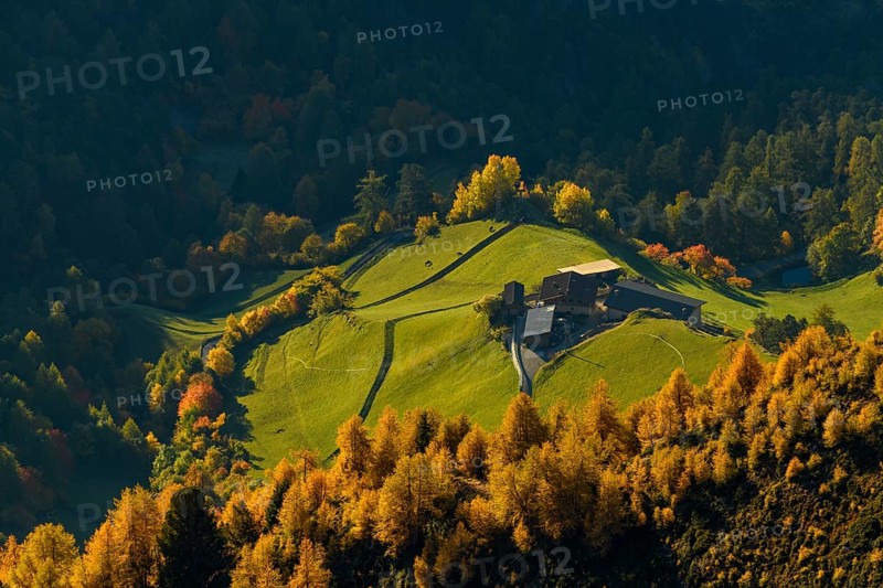 Mountain farm on mountain meadow with larch