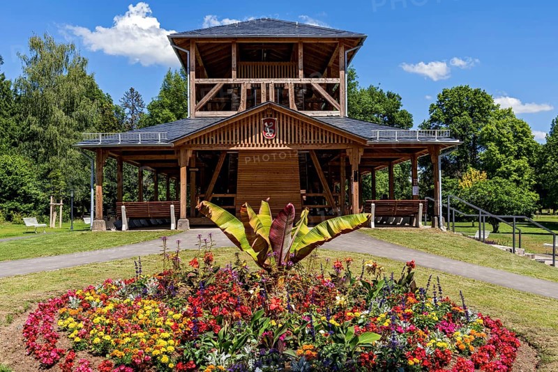 Graduation house and flower border in the spa gardens
