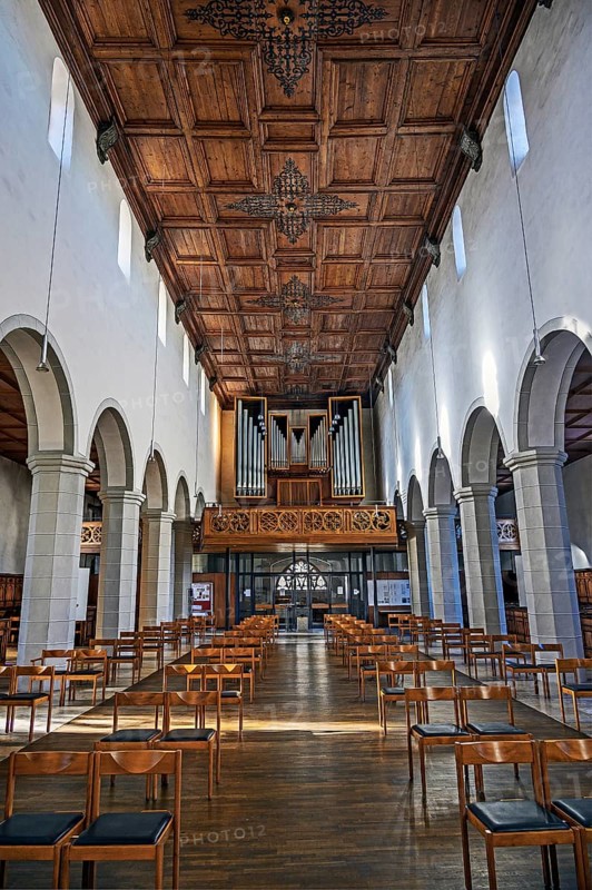 Organ loft and coffered ceiling