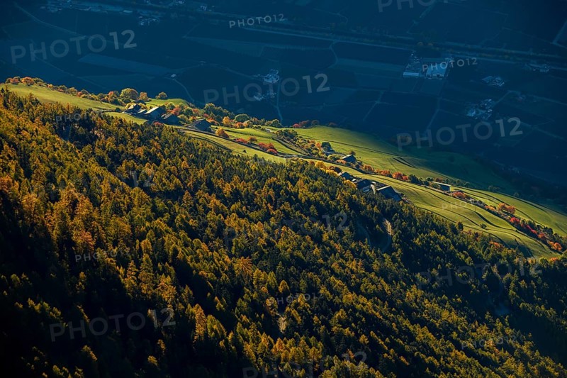 Mountain farm on mountain meadow with larch