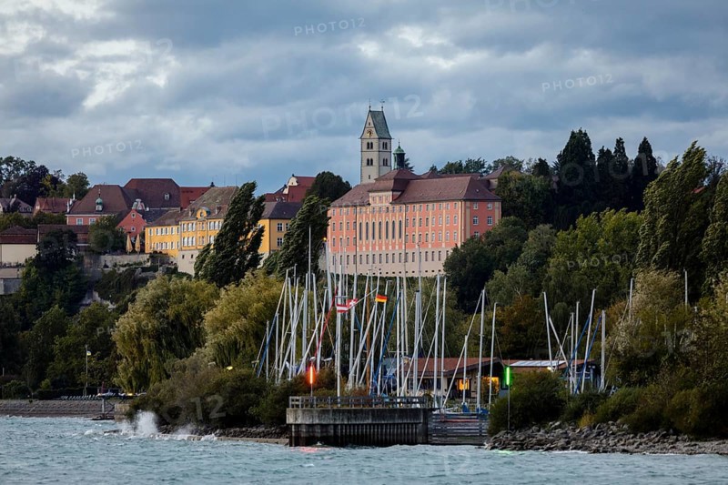 New Meersburg Castle with Church of the Visitation of the Virgin Mary during storm
