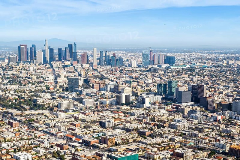 Downtown skyline city building aerial view in Los Angeles