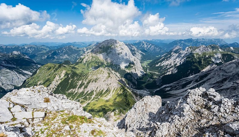 View from the summit of the Lamsenspitze into the Falzthurntal valley with Sonnjoch peak