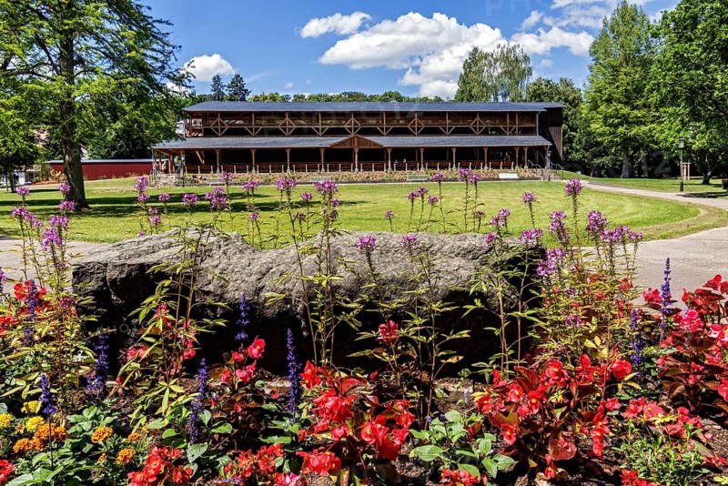Graduation house and flower border in the spa gardens