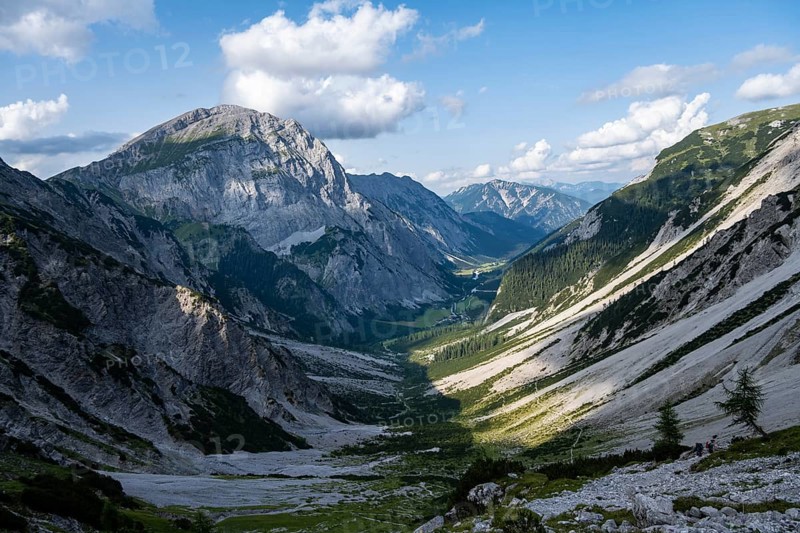View into Falzthurntal with mountain peak Sonnjoch