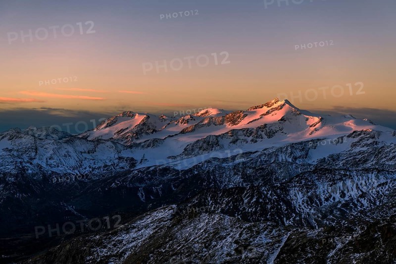 Snowy summit of Monte Cevedale in the morning light