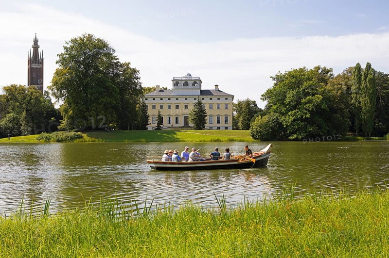 Woerlitz Castle and St. Petri Church on Lake Woerlitz