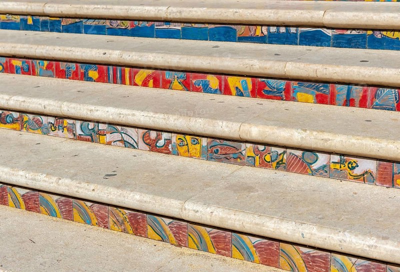 Close-up of colourful stairs with ceramic tiles