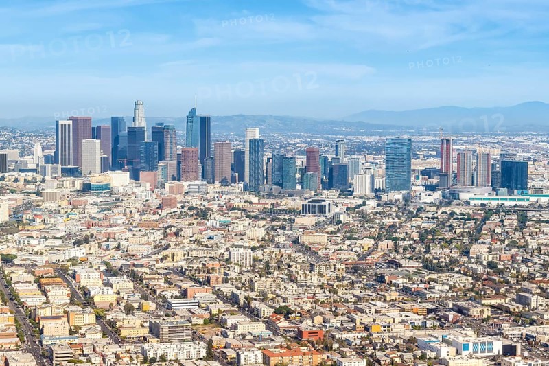 Downtown skyline city building aerial view in Los Angeles