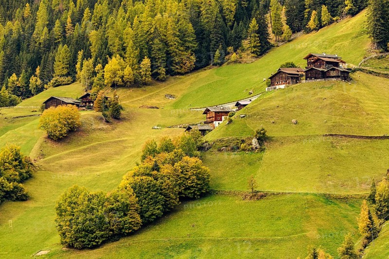 Old farms on mountain meadow