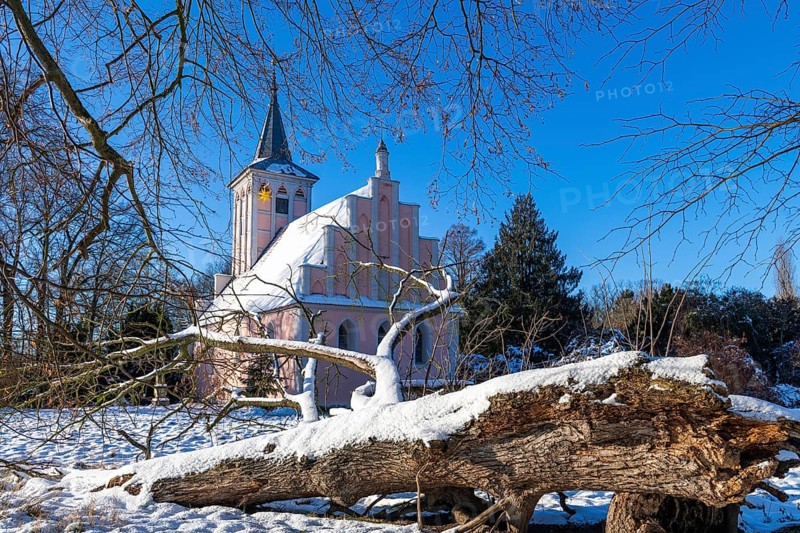 Village church in Lenne Park Criewen in winter