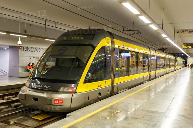 Modern light rail Metro do Porto tramway public transport transport traffic at the Trindade stop in Porto