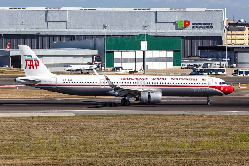 An Airbus A321neo aircraft of TAP Air Portugal with registration CS-TJR and retro livery at the airport in Lisbon