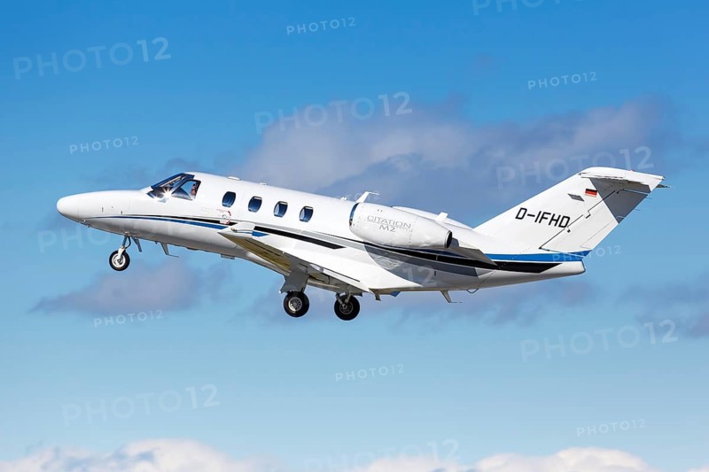 A Cessna 525 CitationJet M2 aircraft of E-Aviation with registration D-IFHD at the airport in Stuttgart