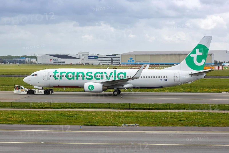 A Transavia Boeing 737-800 aircraft with the registration PH-HSB at the airport in Amsterdam