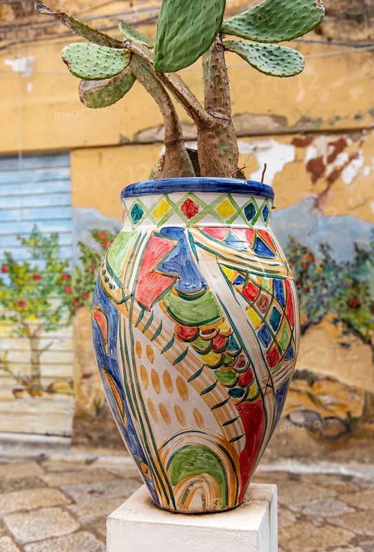 Colourful painted vase in the street of Kasbah Mazara del Vallo