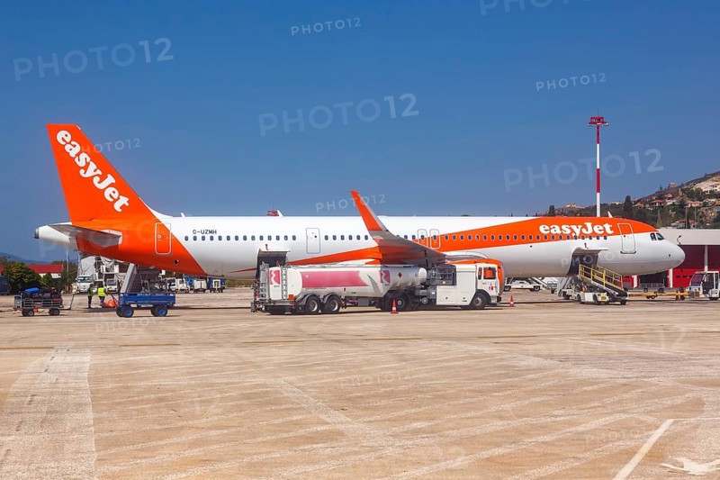 An EasyJet Airbus A321neo aircraft with registration G-UZMH at the airport in Kefalonia